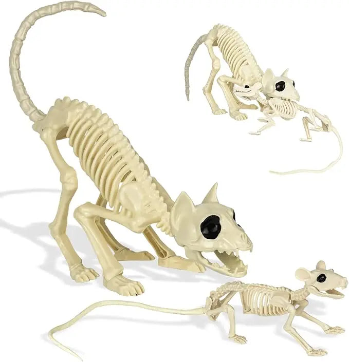 Skeleton Cat Mouse Figures | Solid Resin | Movable Joints | 14 Inch Set