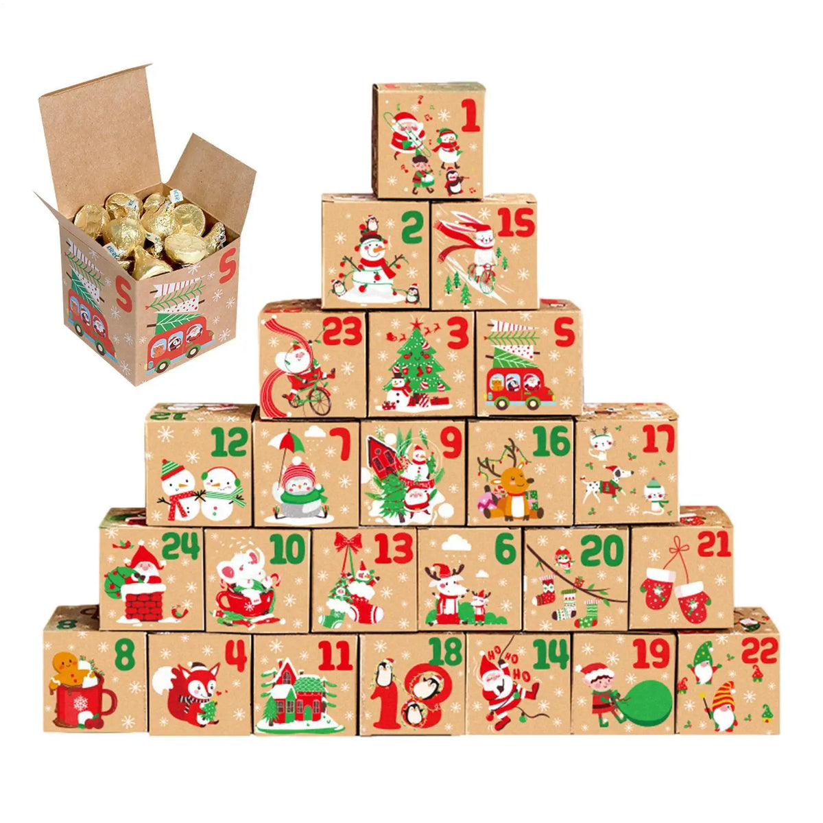 Advent Calendar | 24 Empty Kraft Paper Boxes | 7 cm Cube Gift Boxes | DIY Christmas Countdown Decor