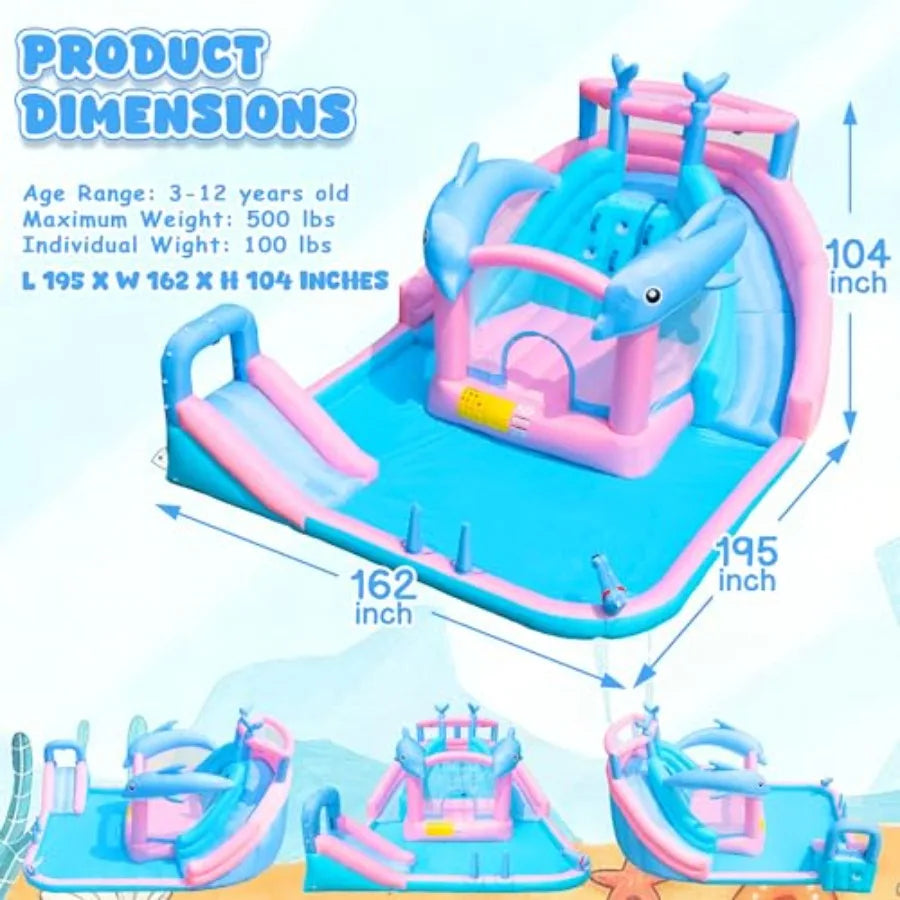 Inflatable Water Slide Dolphin Bounce House With Splash Pool