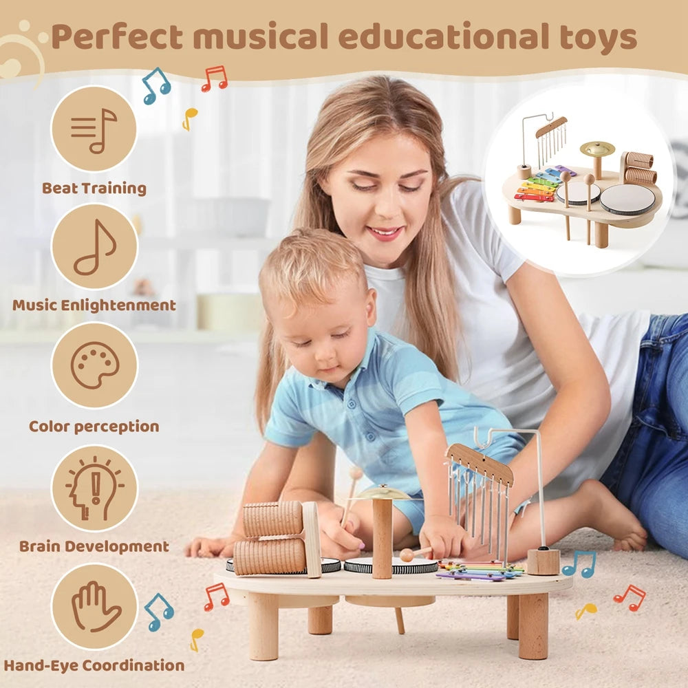 Children Musical Toys Kids Drum kit Music Table Wooden Musical - ToylandEU