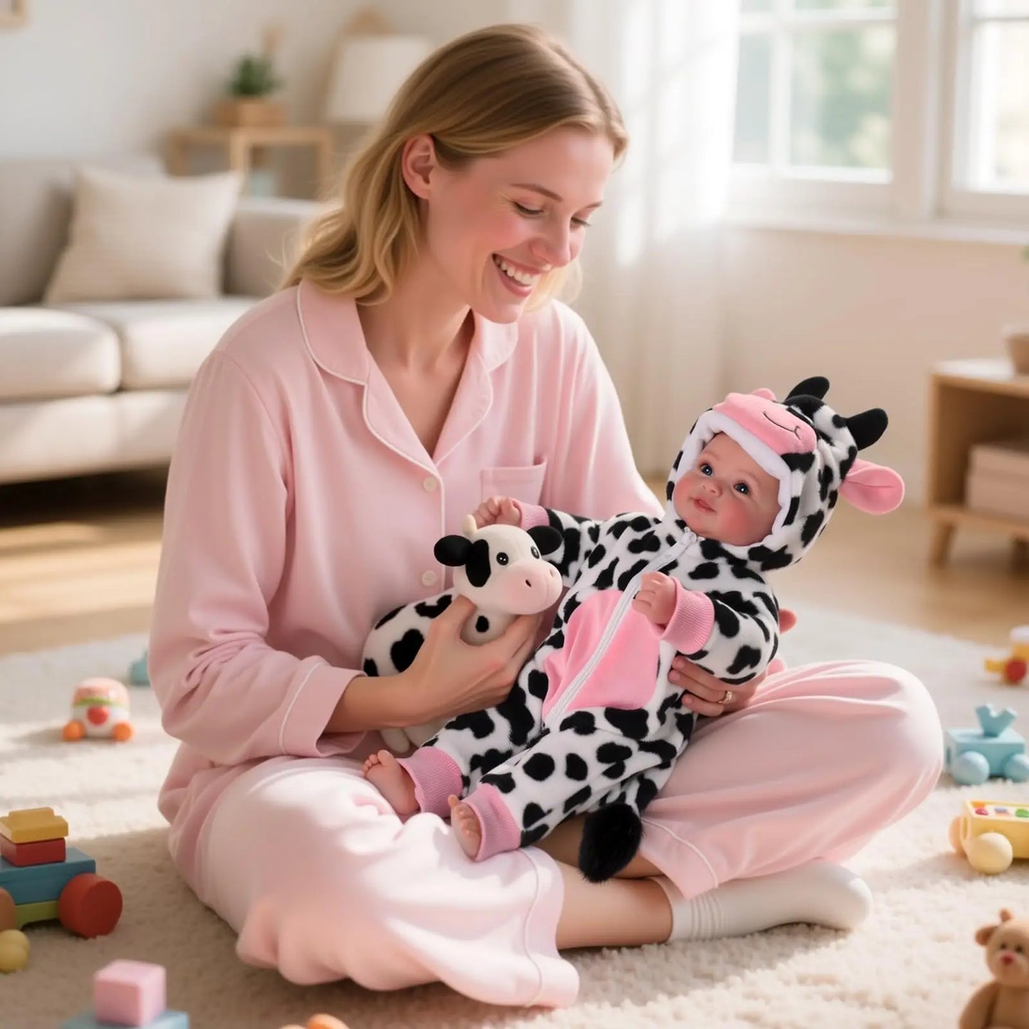 Realistic 17 Inch Baby Doll With Blue Eyes Cow Outfit