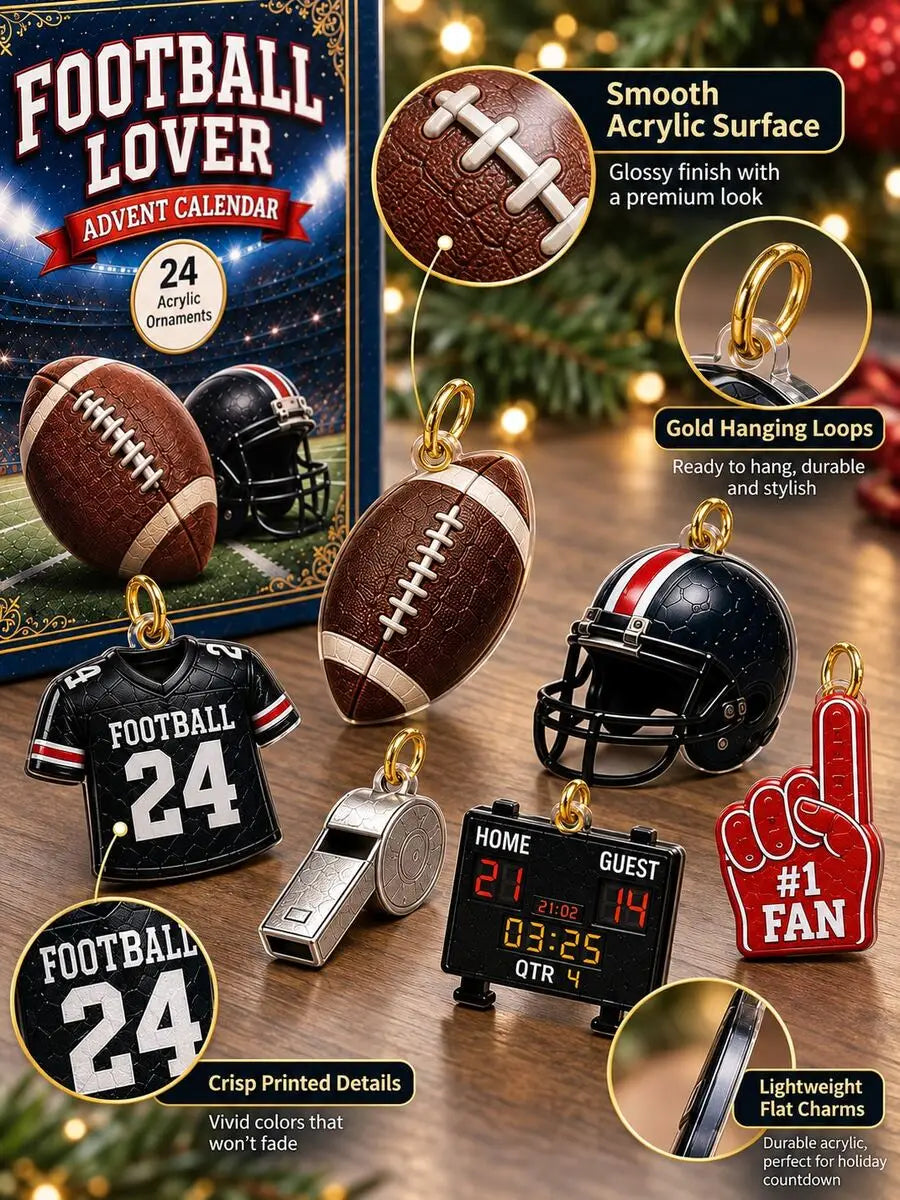 Advent Calendar | 2026 Football Theme | 24 Flat Acrylic Sports Ornaments | Game Day Tree And Shelf Decor