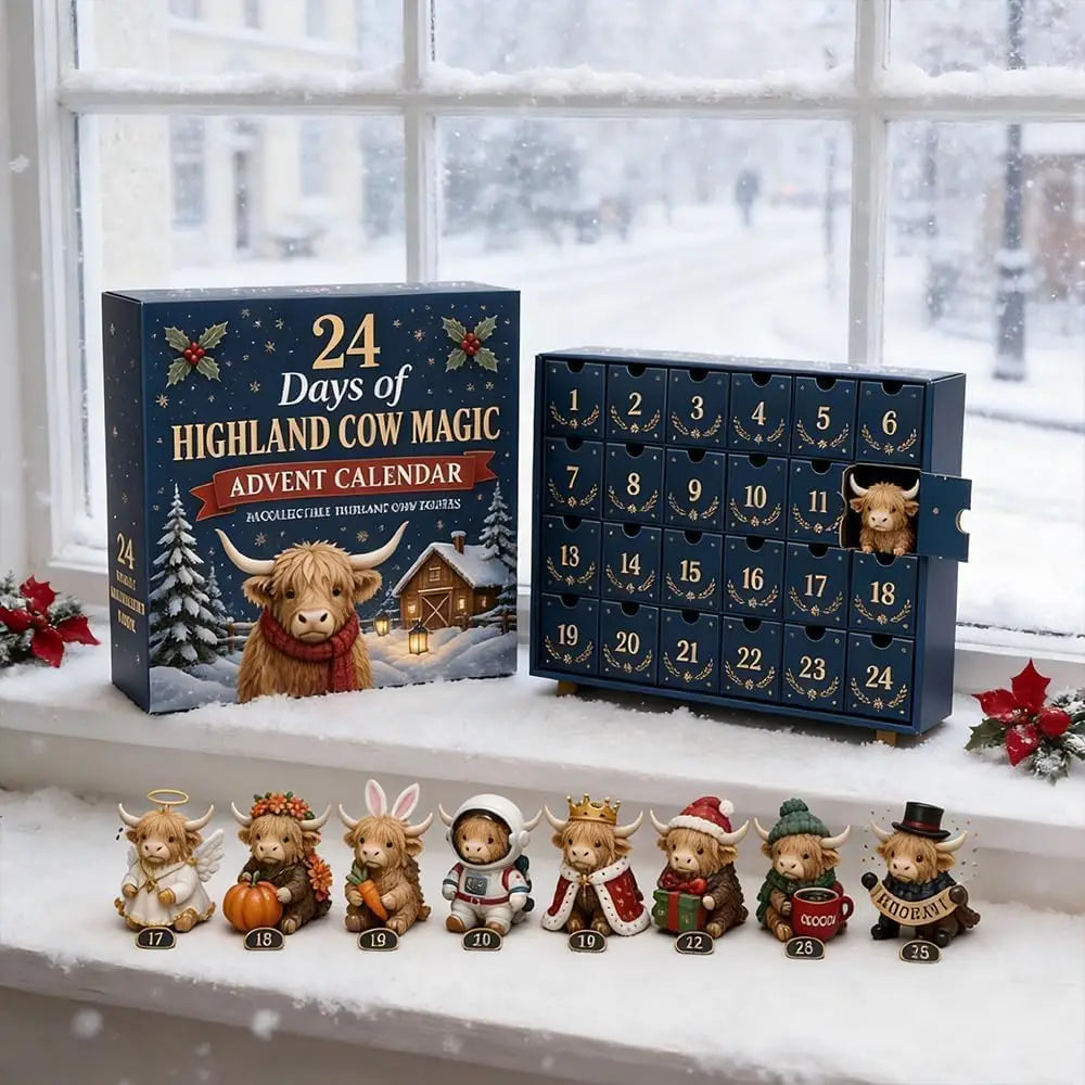 Advent Calendar | 24 Day Highland Cow Collectibles | Cloth Calendar With Figurines | Holiday Countdown Decor