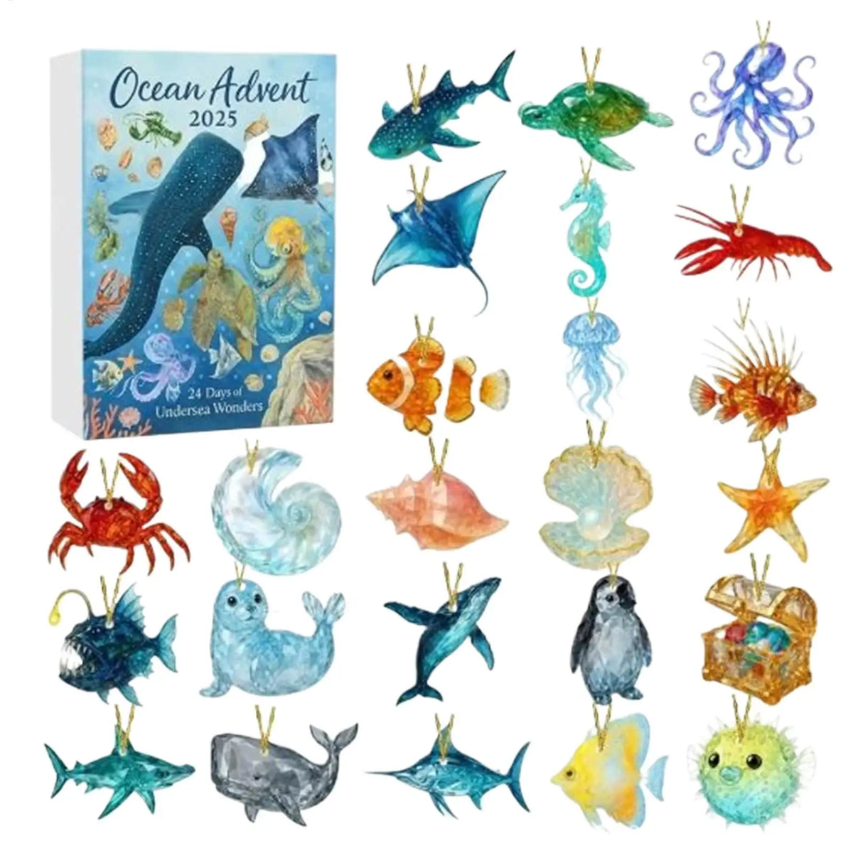 Advent Calendar | Ocean Animal Figurines | 2D Acrylic Sea Creatures | Christmas Gift For Boys And Girls