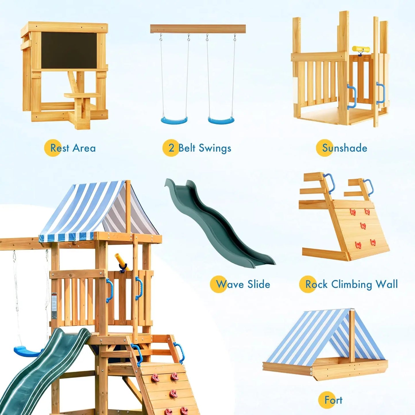 Durable Wooden Swing Set With Slide And Climbing Wall