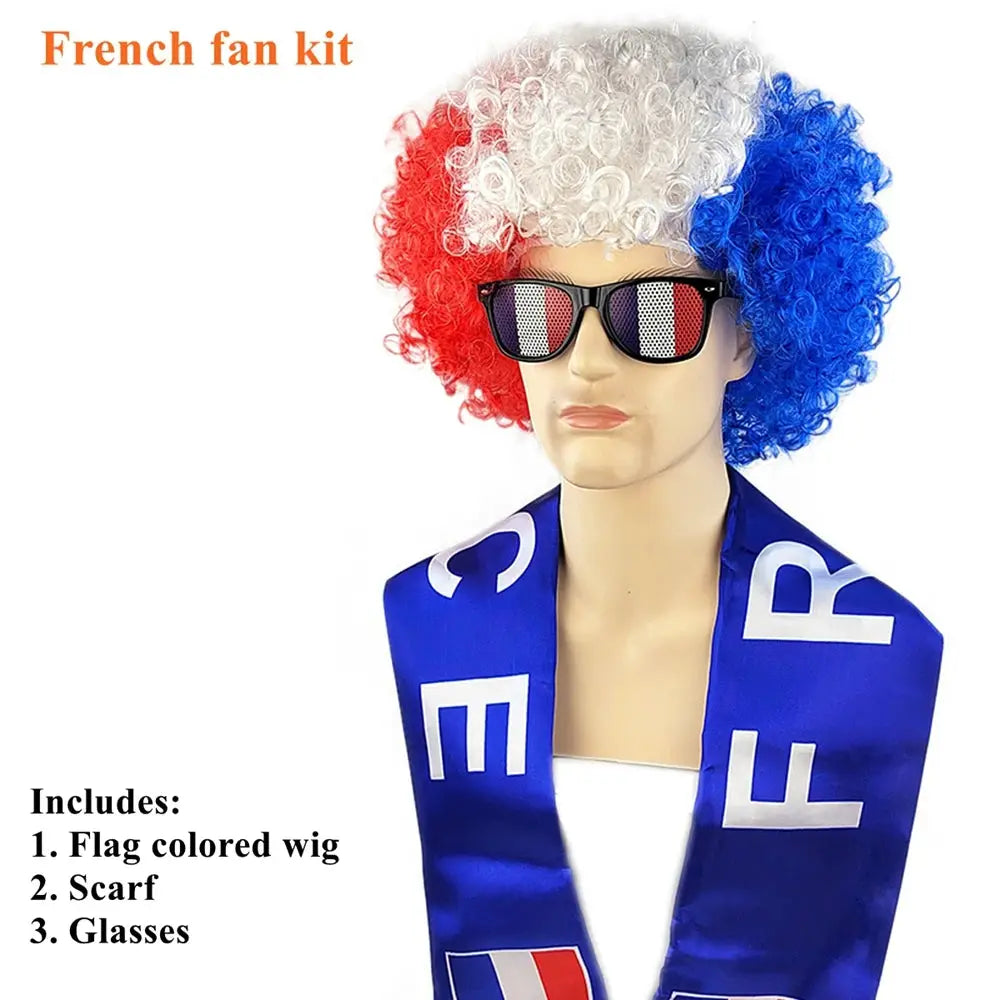 Soccer Match National Flag Color Explosion Hair Wig Fan Hairpiece with Scarf and Glasses Set European National Team Costume - ToylandEU