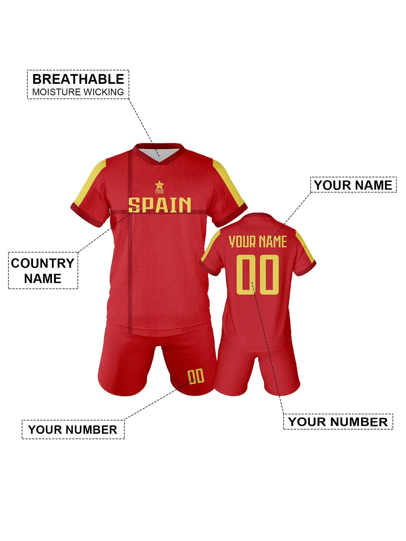 Personalized Spain Soccer Jersey Sets for Kids - Custom Football Kits with Name and Number for Boys & Girls