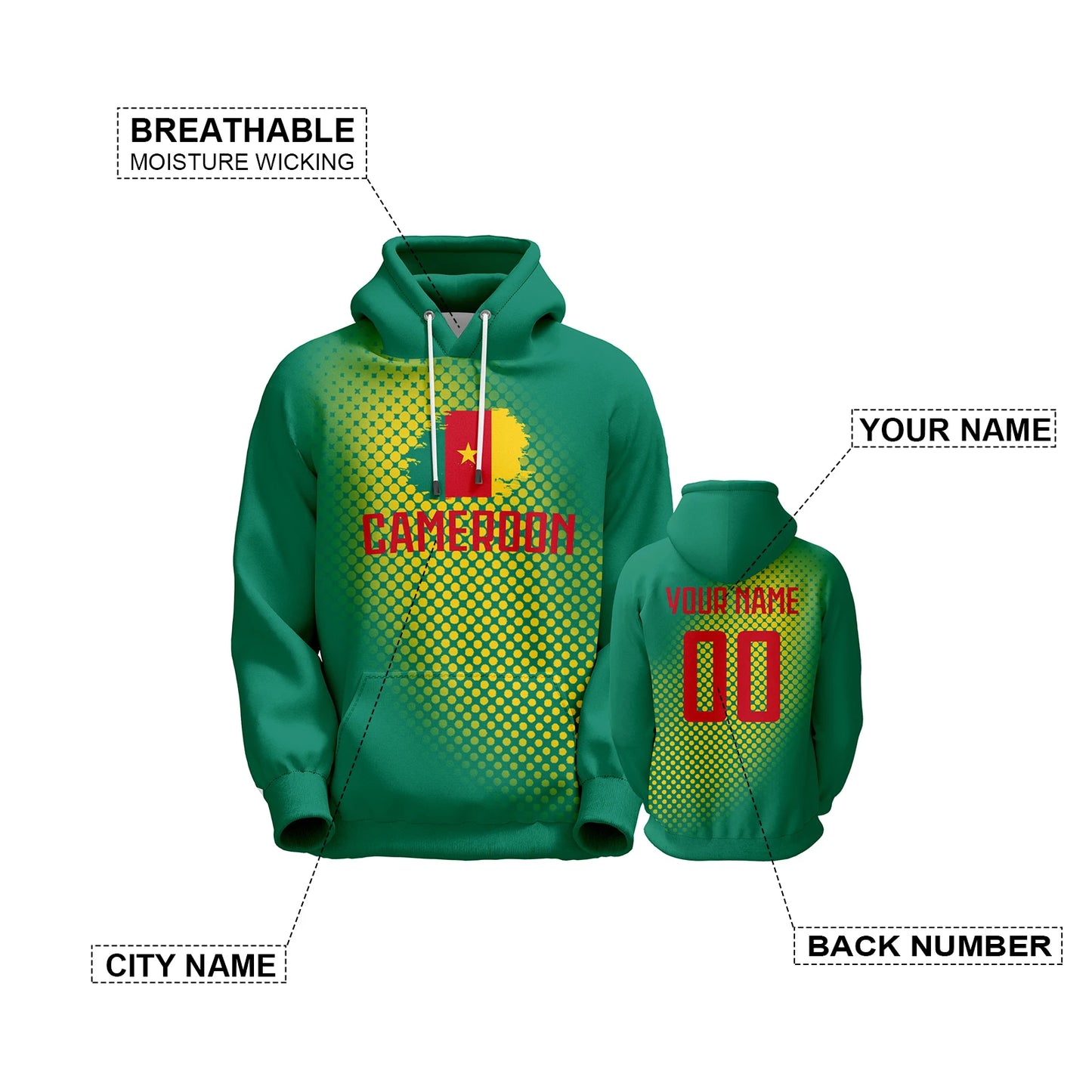 Customizable Cameroon Soccer Team Pullover Hoodie - Personalized Name & Number Sweatshirt for Men, Women, and Youth (S-5XL)