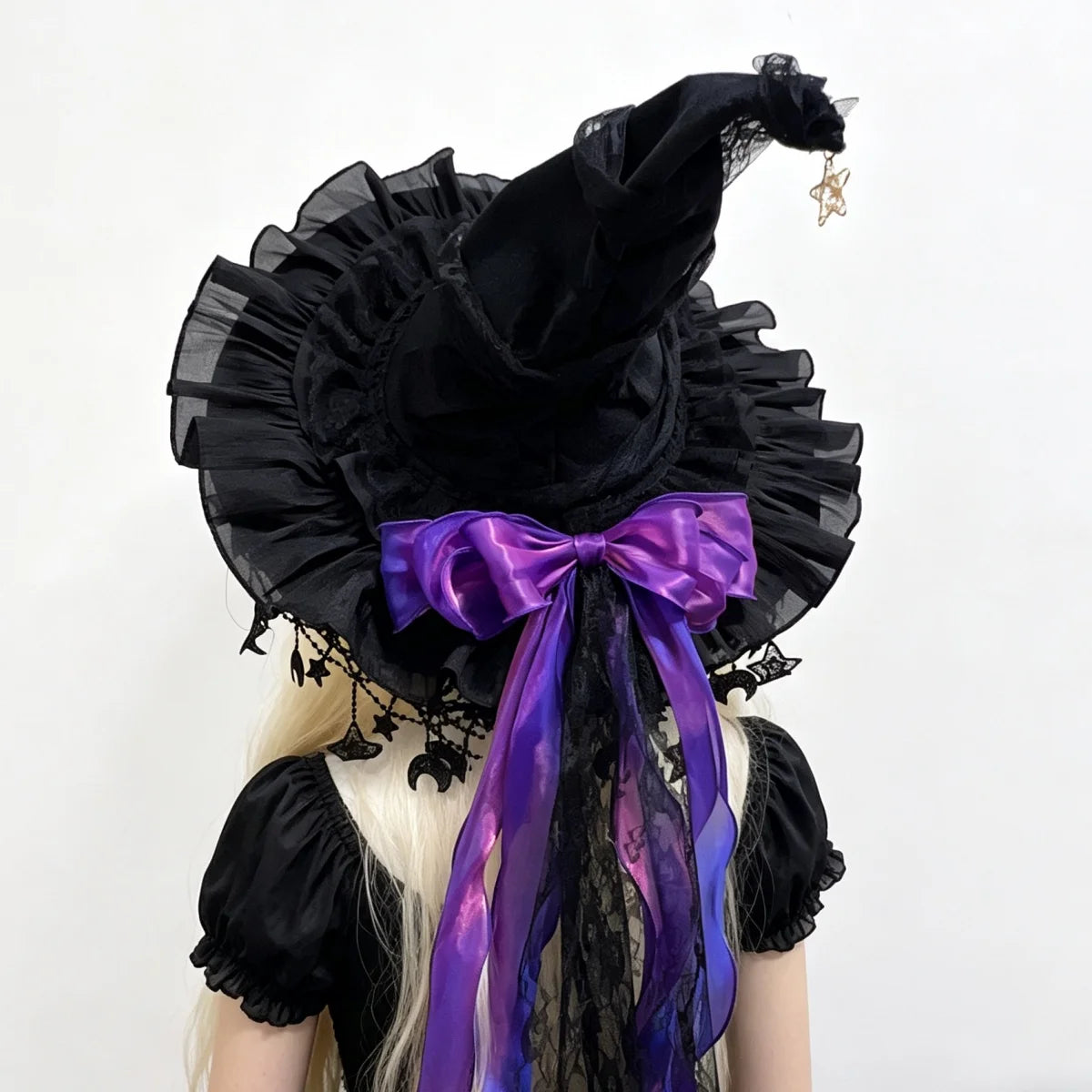 Lace Velvet Witch Hat | Moon Pendant Trim | Lace Edge Detail | Adult Party Wear