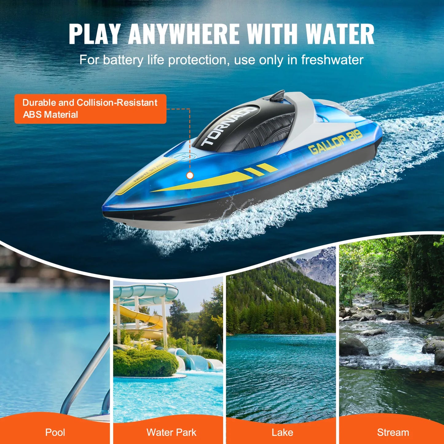 RC VEVOR HJ819 Fast RC Racing Boat - 2.4GHz Remote Control Water Speed Toy for Kids and Adults, Max Speed 12 km/h