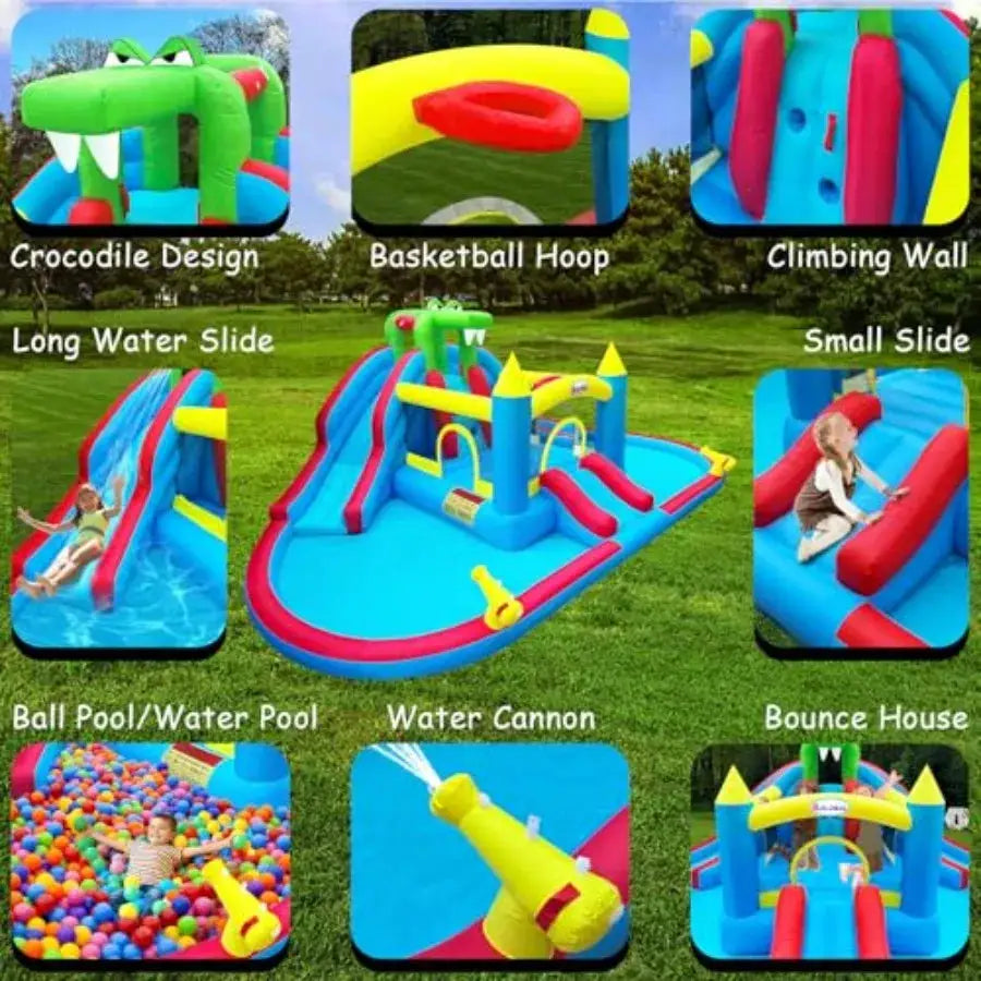 Inflatable Bounce House with Water Slides, Double Ball Pit/Water Pool, Crocodile Styling, Climbing Wall, Outdoor Bouncy Castle - ToylandEU