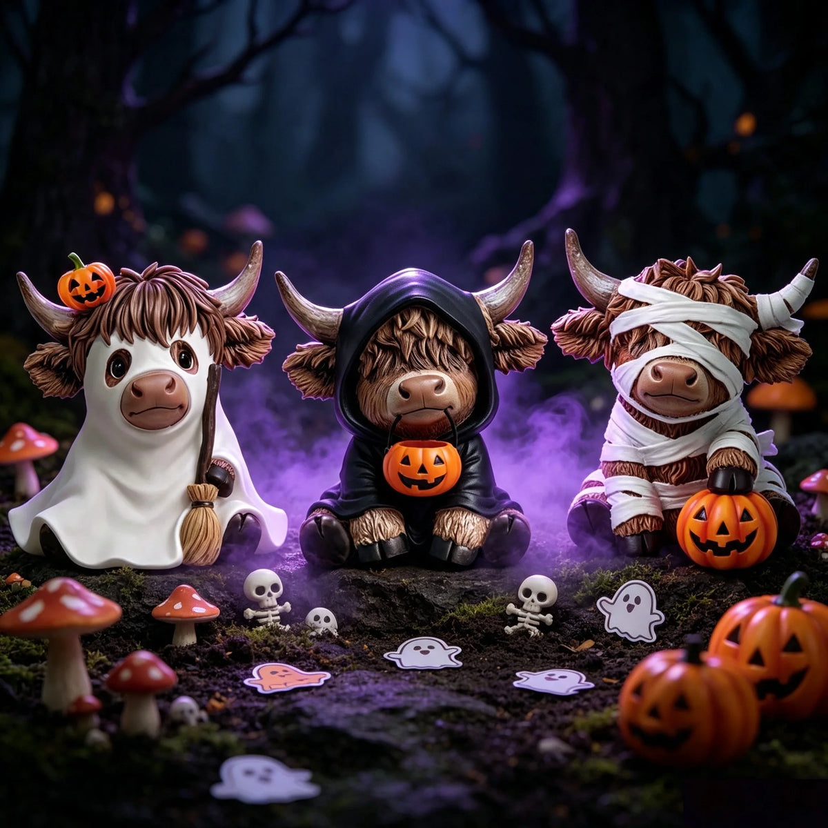 Halloween Highland Cow Statue | Solid Wood | Ghost Mummy Design | Shelf Decor