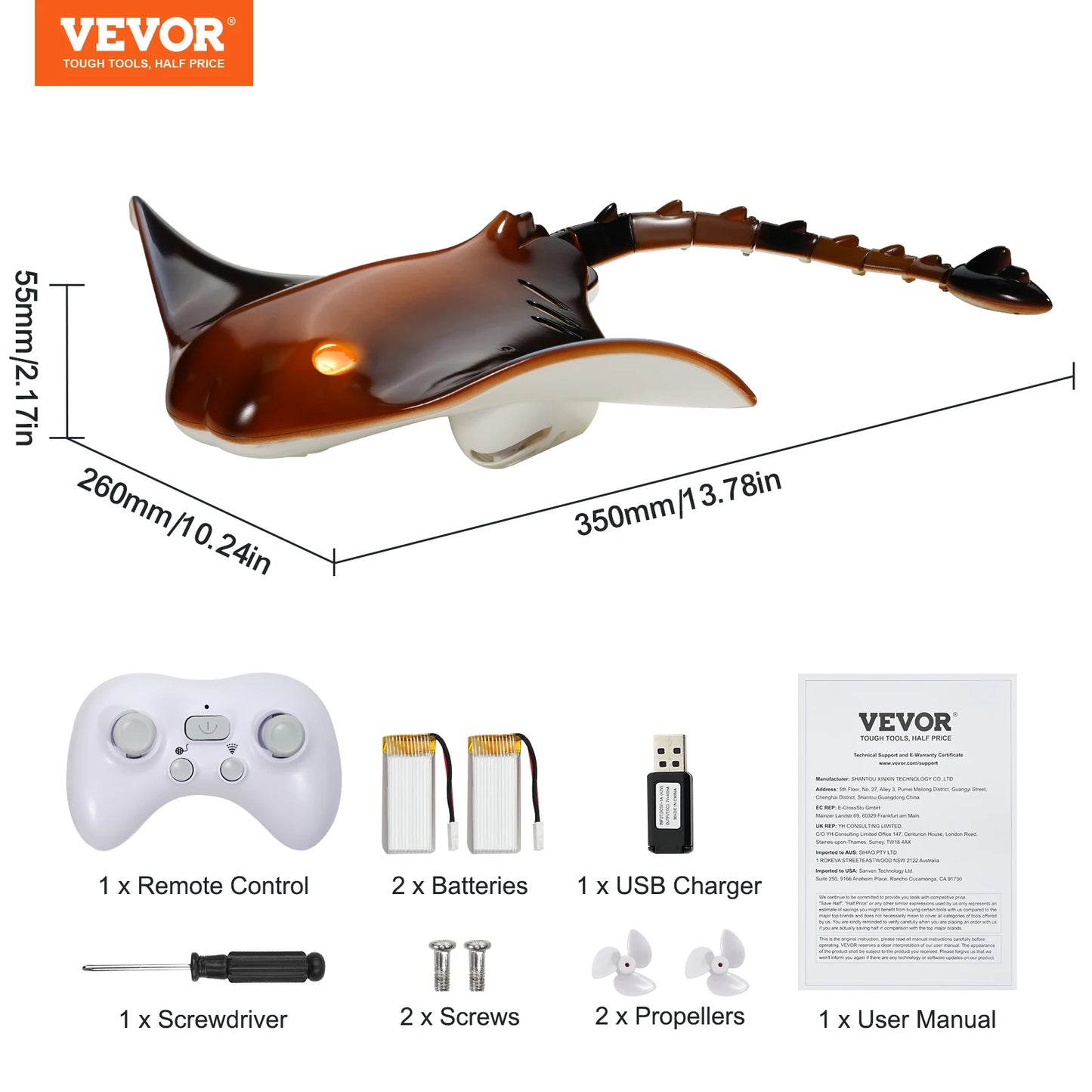 RC VEVOR Remote Control Manta Ray RC Boat - Electric Water Toy for Boys, Summer Birthday Gift, 2.4G Simulation Fun