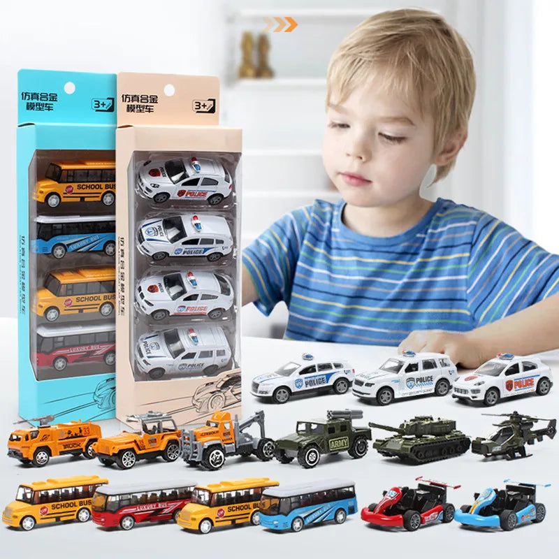 Set of 4 Toddler Car Toys with Various Police, School Bus, and Taxi Styles Made of Durable Alloy - ToylandEU