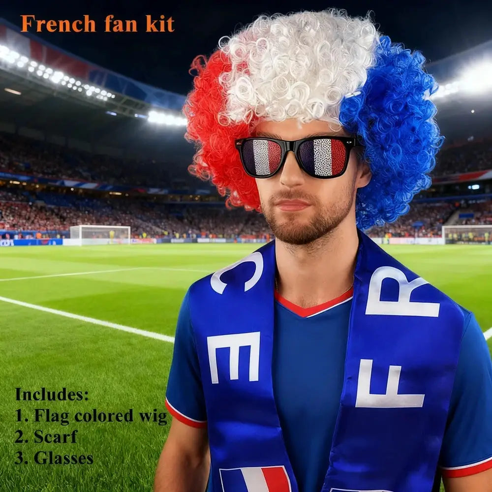 Soccer Match National Flag Color Explosion Hair Wig Fan Hairpiece with Scarf and Glasses Set European National Team Costume - ToylandEU