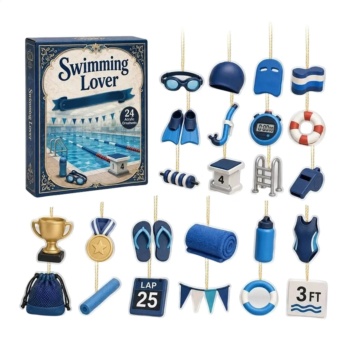Advent Calendar | 24 Day Swimming Theme | 2D Acrylic Collectible Ornaments | Gift For Swimmers