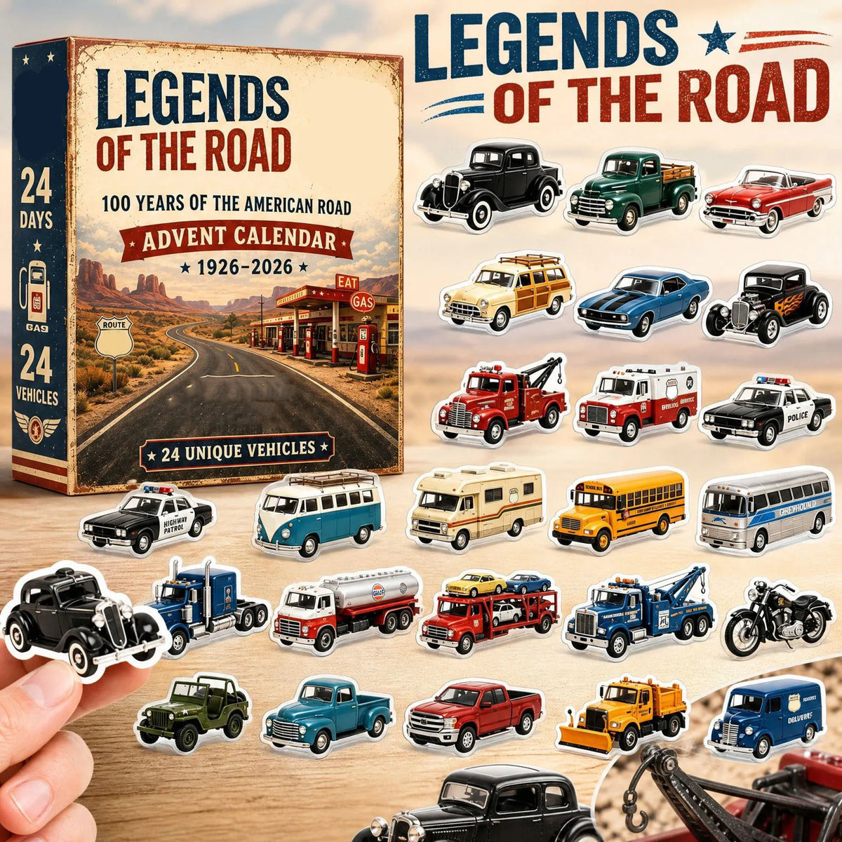 Advent Calendar | 2026 Vintage Car Set | 2D Acrylic Road Graphic Collectibles | Adult Gift