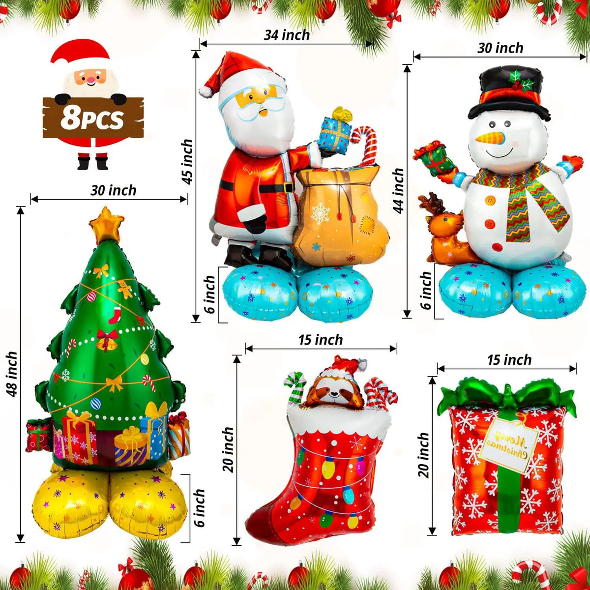 Christmas Foil Balloons | 8 Pcs Giant Santa Snowman Tree
