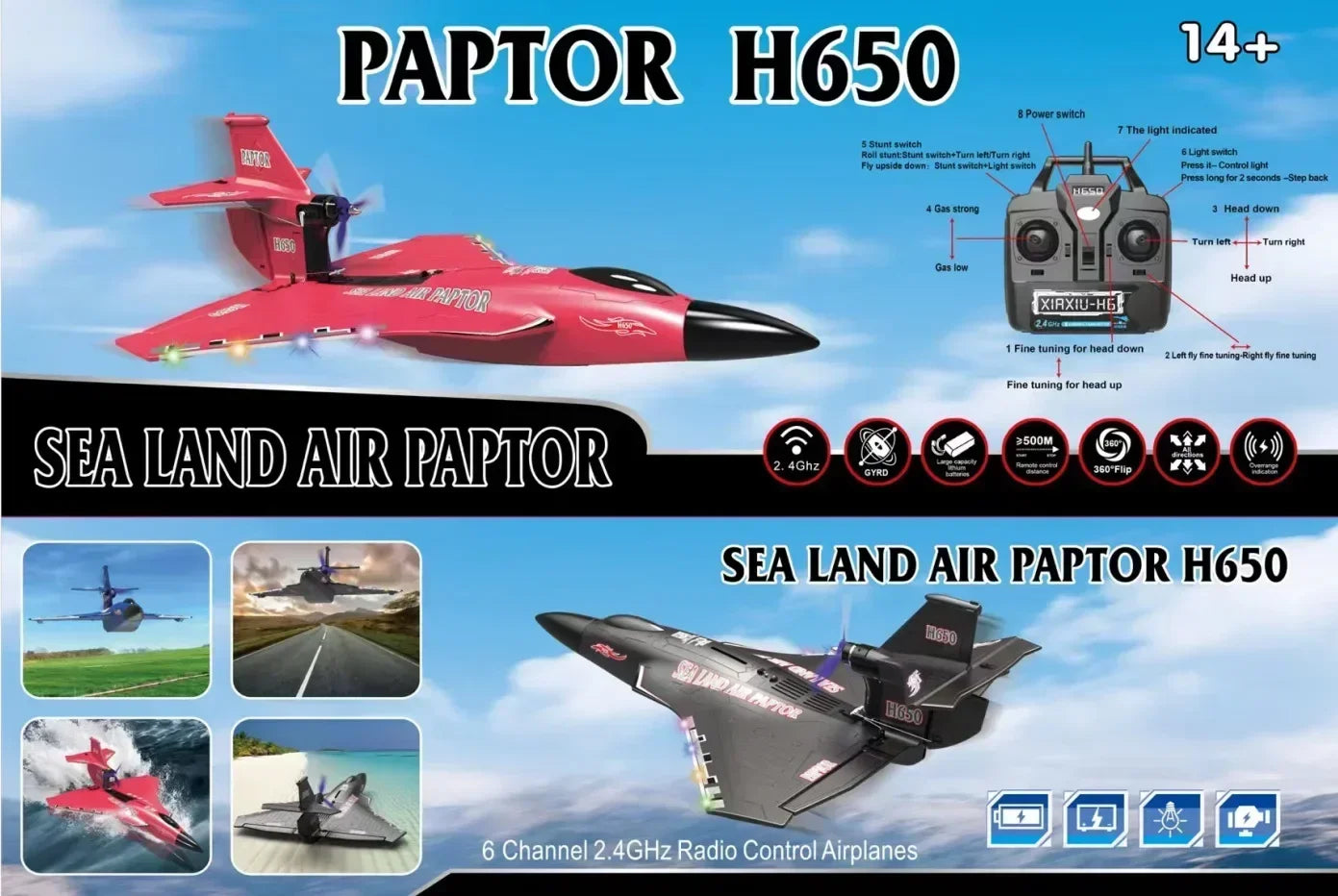 RC Lightweight and Crash-Resistant Raptor H650 All-Terrain Remote-Controlled Aircraft for Water, Land, and Air Fun