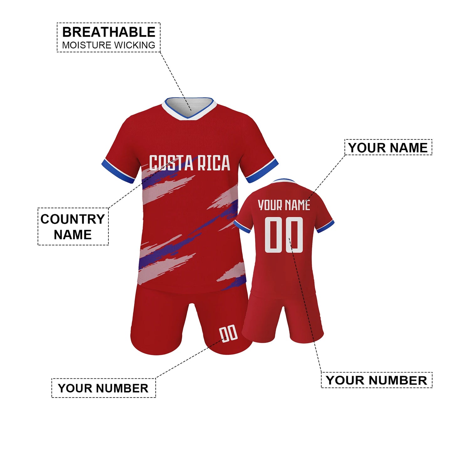 Personalized Costa Rica Kids Soccer Jersey Set - Custom Football Shirt with Name & Number for Boys and Girls