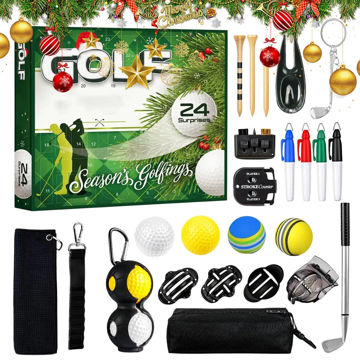 Advent Calendar | 24 Day Golf Accessories | Festive Countdown Favors | Gift For Husbands And Golf Lovers