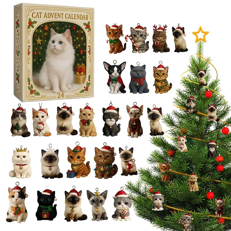Cat Advent Calendar | 24 Days Xmas Countdown | 24pc Acrylic Kitten Decor | Gift
