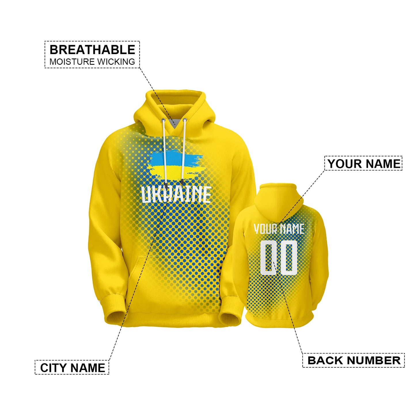 Personalized Ukraine Soccer Hoodies - Customizable Sweatshirt with Name & Number for Fans, Men, Women, and Youth