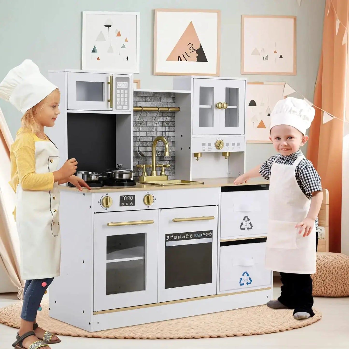 Kids Play Kitchen, Wooden Pretend Toy Kitchen, Toodler Cooking Playset, Stove w/Light & Sound, Sink, Microwave, 2 Fabric Boxs, D - ToylandEU