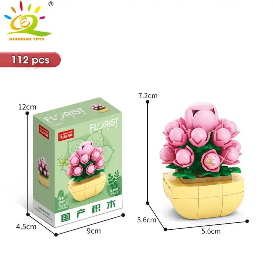 HUIQIBAO MOC Flower Succulent Potted Model Building Block DIY Eternal Bouquet Home Desk Plant Decor Brick Girl Gift Children Toy - ToylandEU