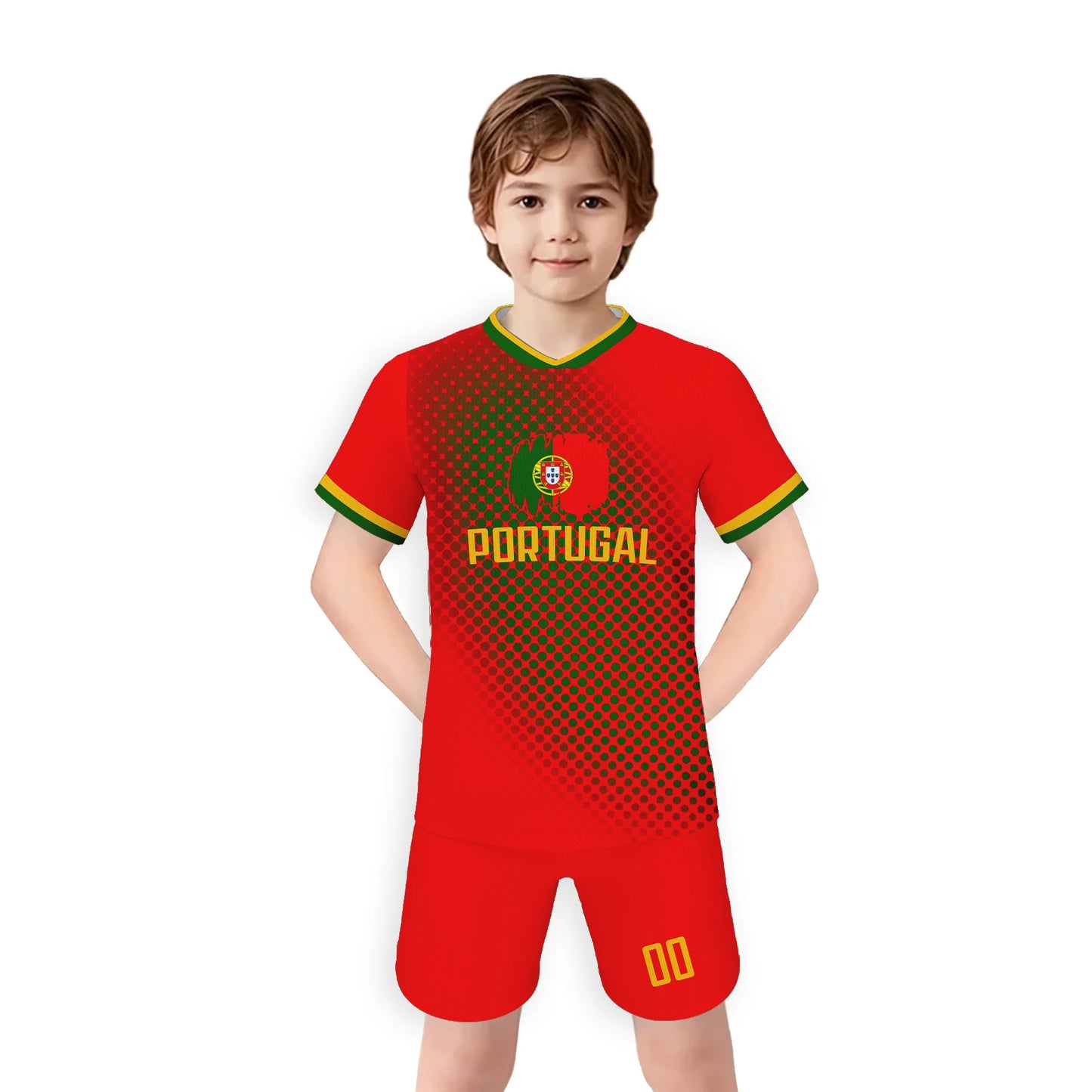 Personalized Portugal Kids Soccer Jersey and Shorts Set - Custom Name and Number Football Uniform for Boys and Girls