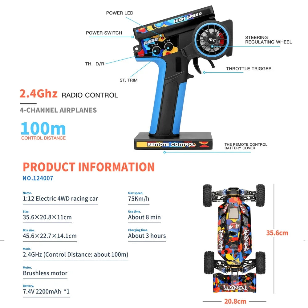 RC 124007 & 124019 High-Speed 1:12 Electric 4WD RC Racing Cars - 75KM/H & 55KM/H Drift Crawler with 3000mAh Battery