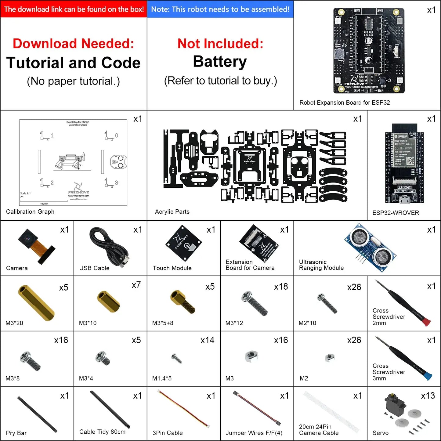 Freenove Robot Dog Kit for ESP32-WROVER CAM, Dual-core 32-bit 240MHz, Touch Sensor, Ultrasonic Ranging, Buzzer RGB LED Servo App - ToylandEU