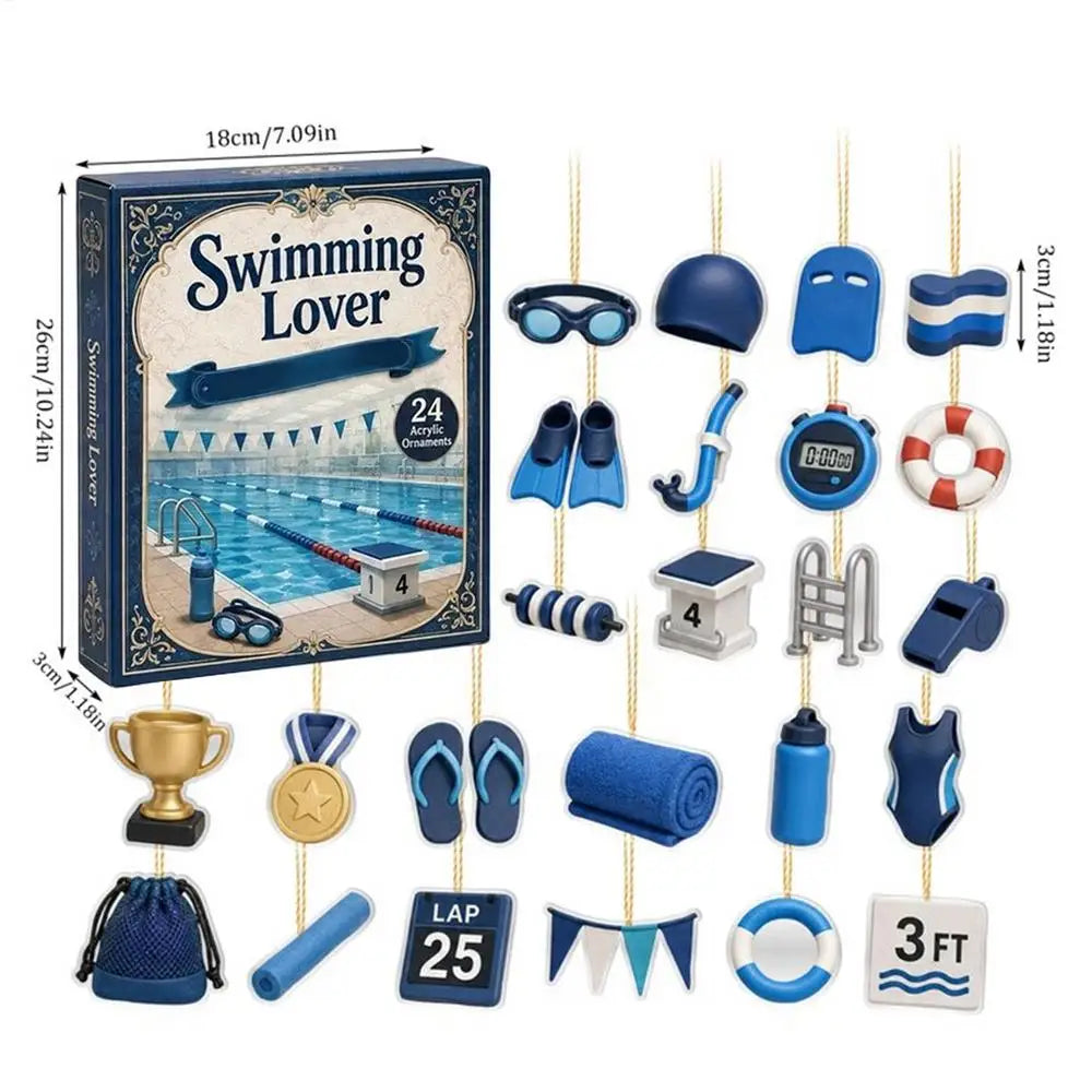 Advent Calendar | 24 Day Swimming Theme | 2D Acrylic Collectible Ornaments | Gift For Swimmers