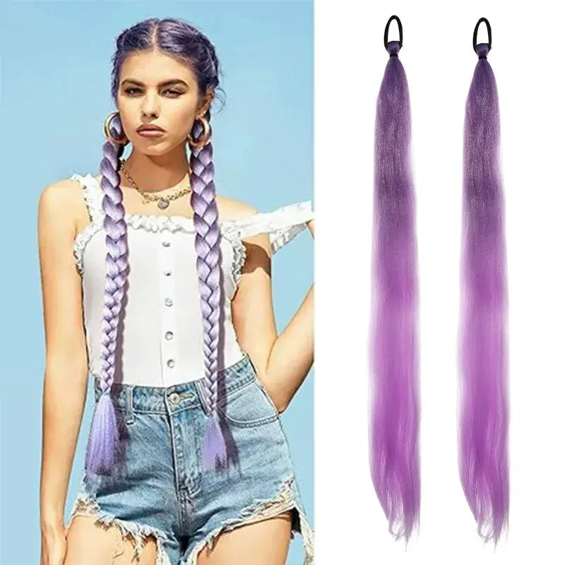 Y2K Kpop Ponytail Extension with Rubber Band Long Straight DIY Synthetic Braided Pony Tail Hairpiece Women Headwears Accessories - ToylandEU