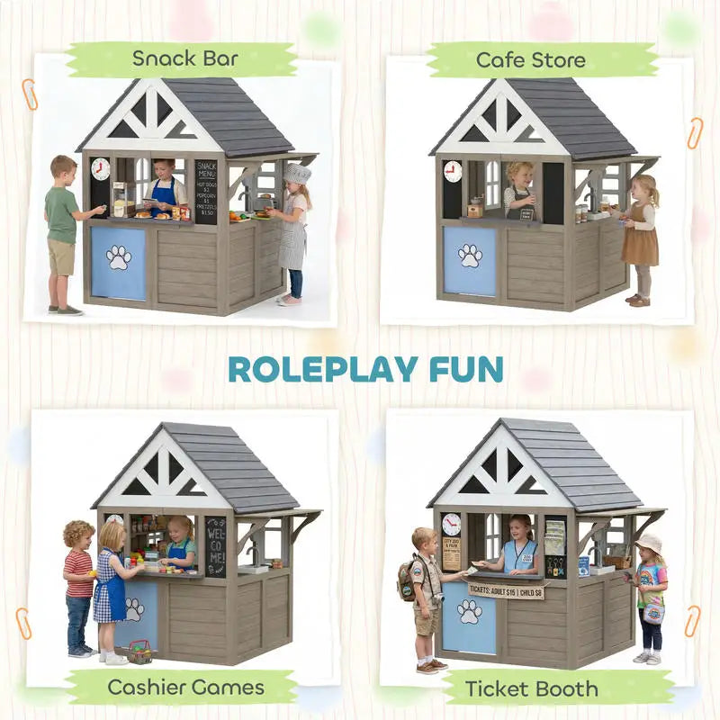 Wooden Outdoor Playhouse For Kids With Stove Set Backyard Fun