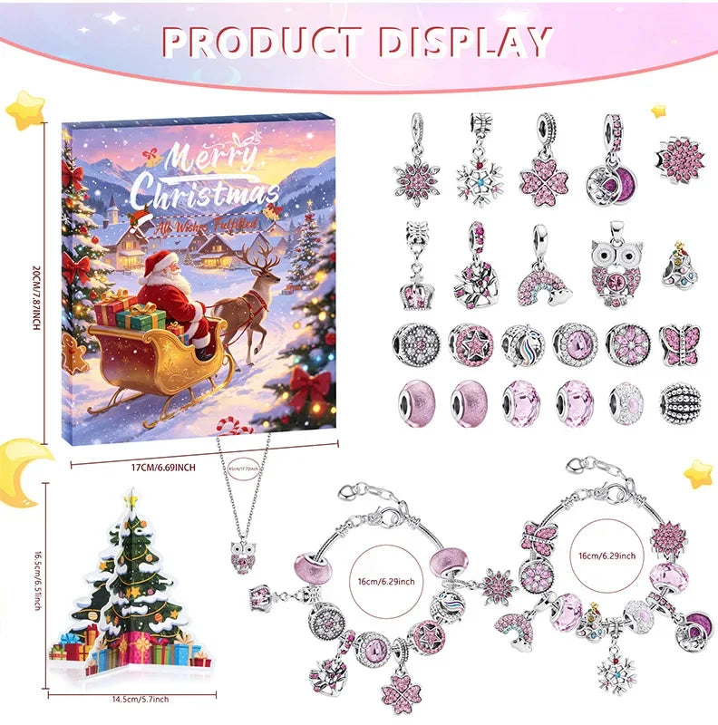 Advent Calendar | 24 Day Charm Bracelet Set | Alloy Metal Pendants And Beads | Christmas Jewelry Gift