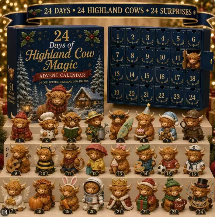 Advent Calendar | 24 Day Highland Cow Mini Figures | Numbered Compartments | Farmhouse Holiday Decor