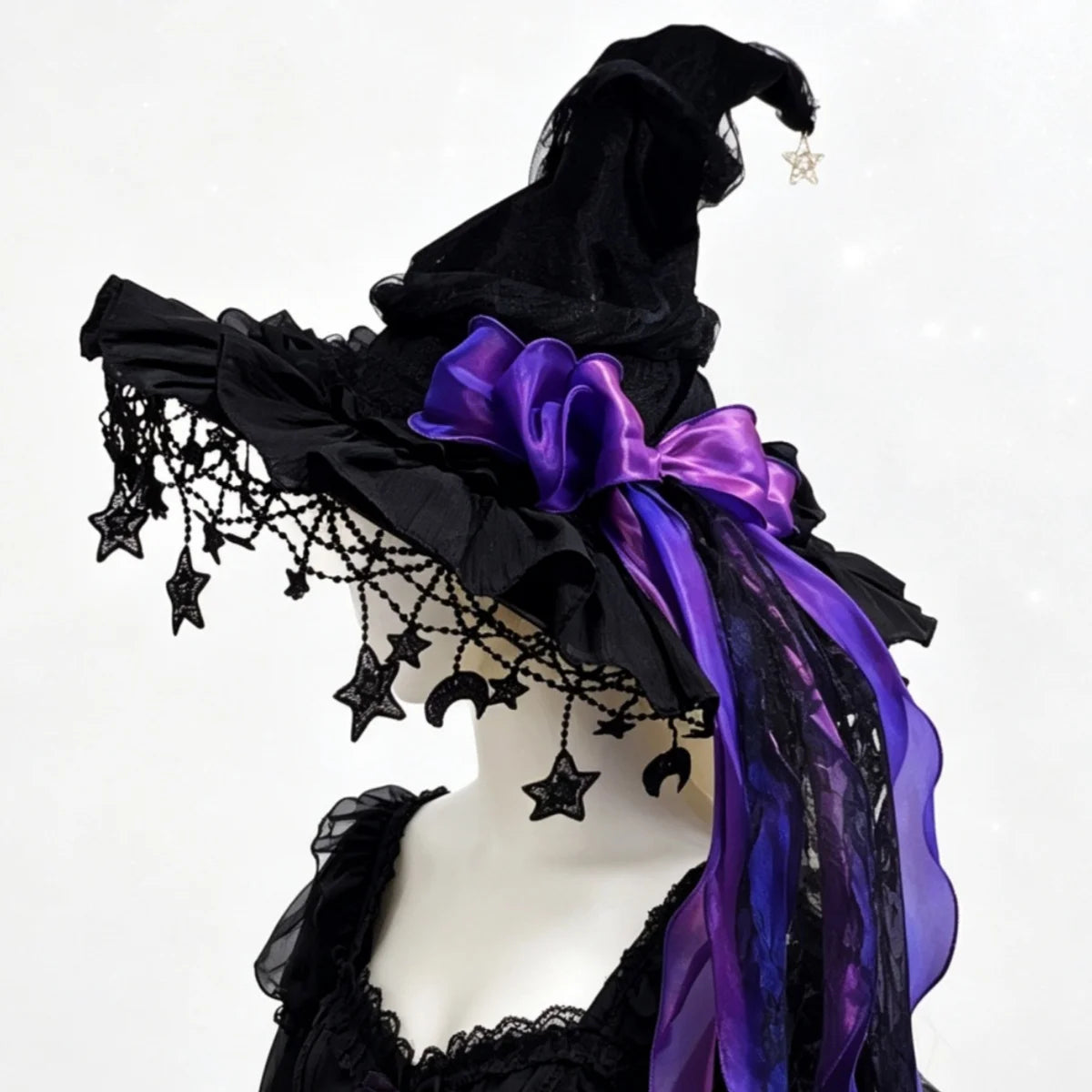 Lace Velvet Witch Hat | Moon Pendant Trim | Lace Edge Detail | Adult Party Wear