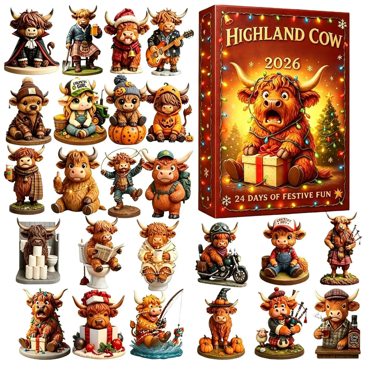 Advent Calendar | 24 Highland Cow Ornaments | 2D Acrylic Christmas Tree Decor | Daily Countdown Gift
