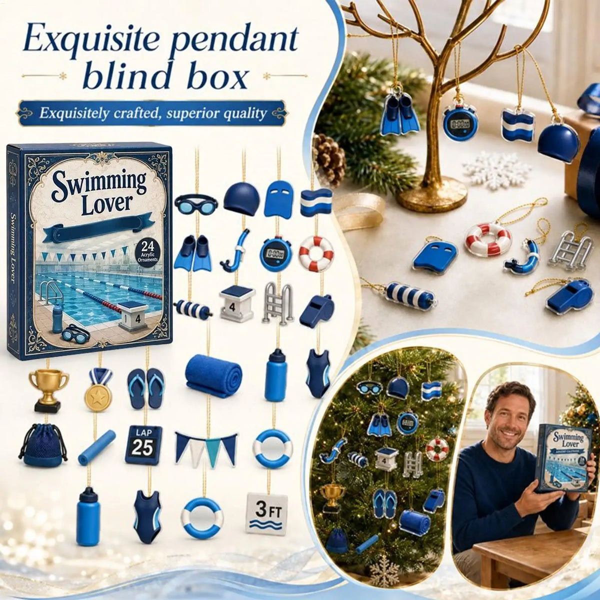 Advent Calendar | 24 Day Swimming Theme | 2D Acrylic Collectible Ornaments | Gift For Swimmers
