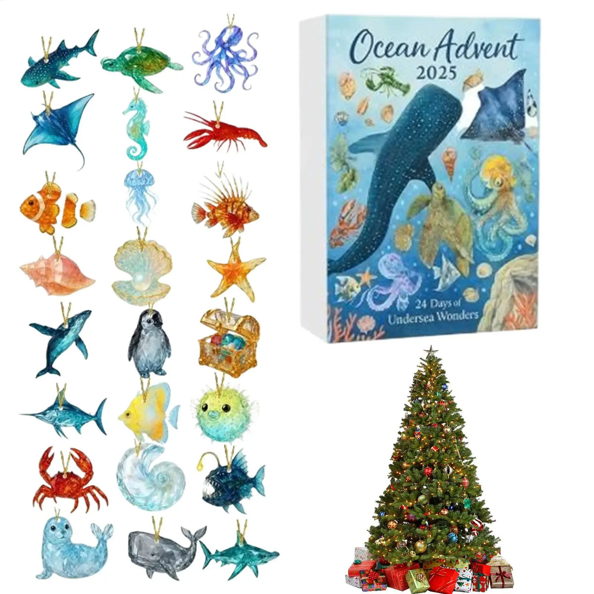 Advent Calendar | Ocean Animal Figurines | 2D Acrylic Sea Creatures | Christmas Gift For Boys And Girls