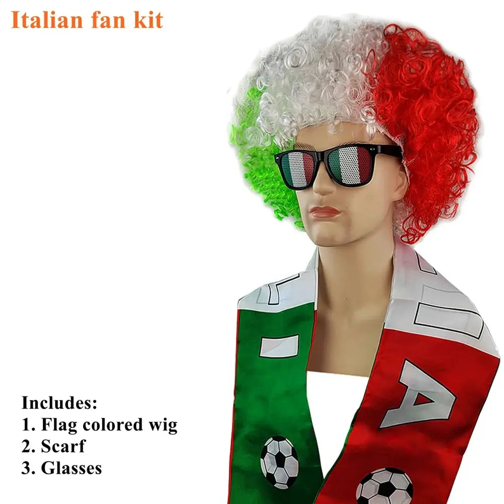 Soccer Match National Flag Color Explosion Hair Wig Fan Hairpiece with Scarf and Glasses Set European National Team Costume - ToylandEU