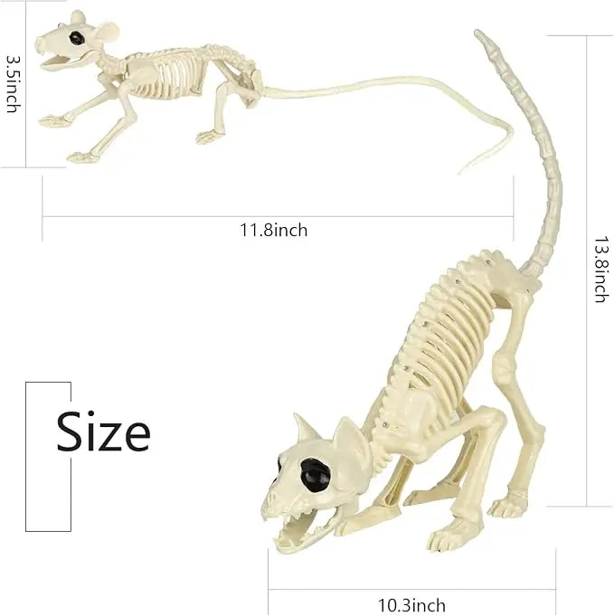 Skeleton Cat Mouse Figures | Solid Resin | Movable Joints | 14 Inch Set
