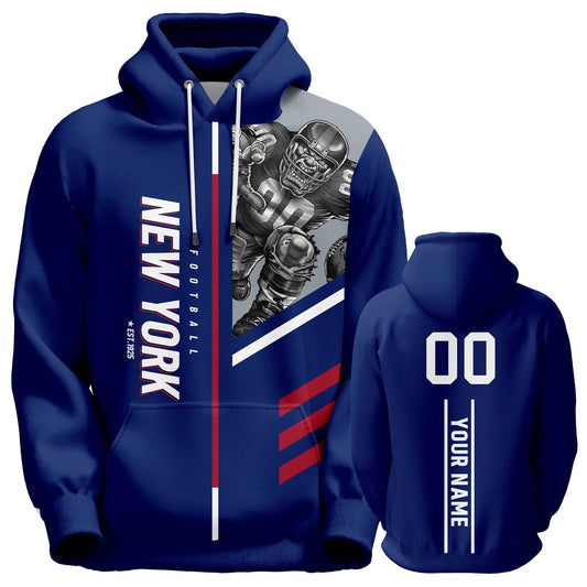 Personalized New York City Mascot 3D Print Football Hoodies with Custom Name and Number for Men, Women, and Youth