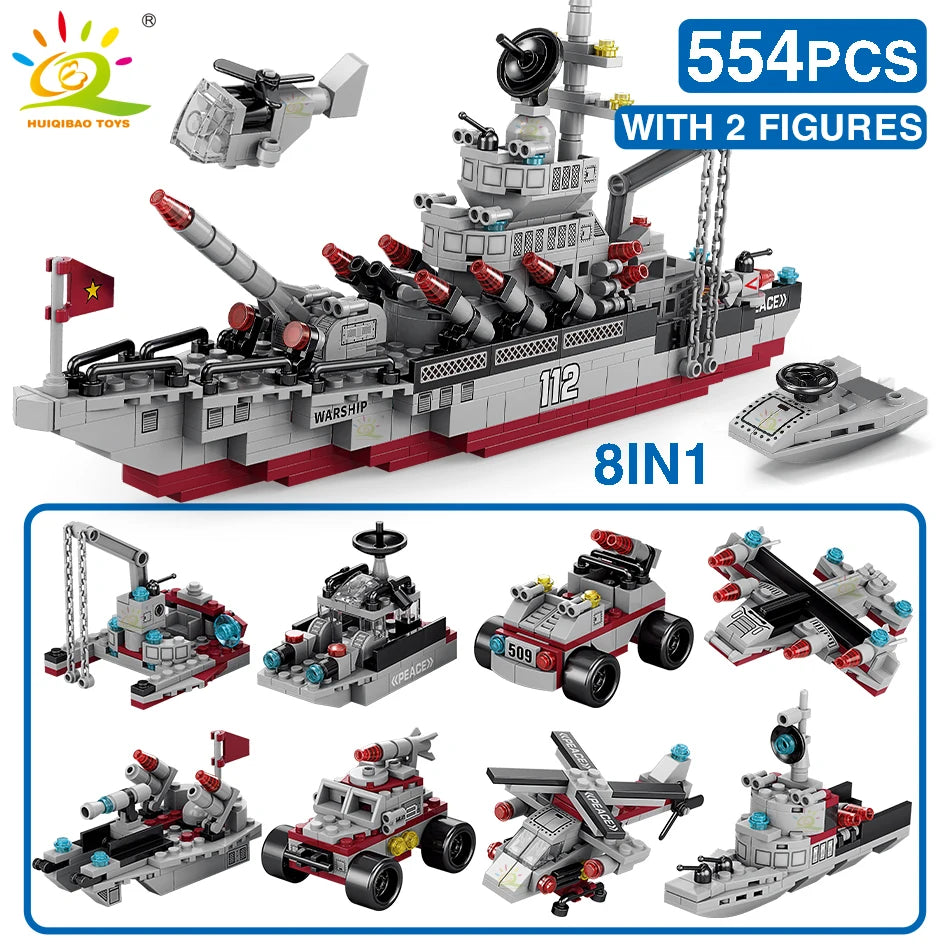 Huiqibao Toys 8-in-1 Eco-Friendly Military Aircraft Cruiser Building Blocks with 554pcs