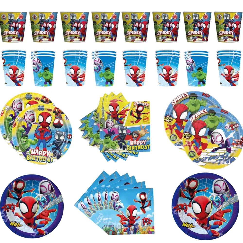 Spidey Tableware Kit | Plates And Cups | Latex Balloons | Birthday Backdrop