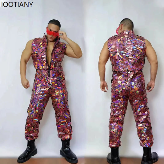 Men's Laser Mirror Sleeveless Jumpsuit | Sequin Bodysuit | Hip Hop Dancer Costume