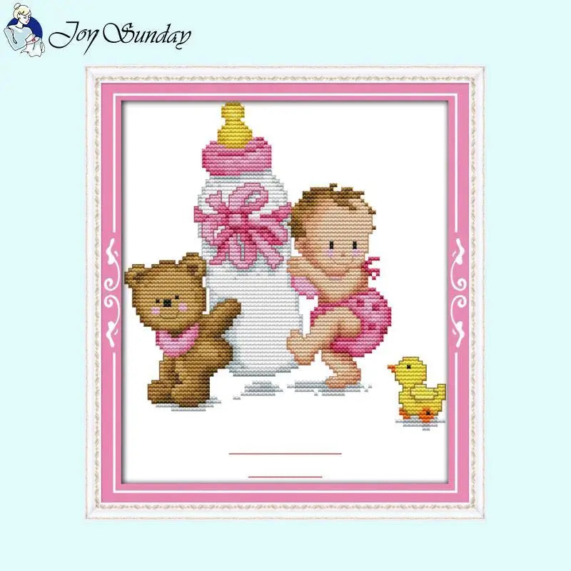 Baby Bottle Themed Cross Stitch Embroidery Kit - 14ct, 16ct, 11ct Printed Canvas Fabric for DIY Hand Sewing and Birth Certificates