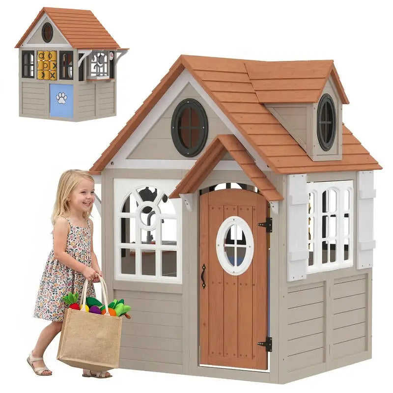 Wooden Outdoor Playhouse For Kids With Dog Door Kitchen