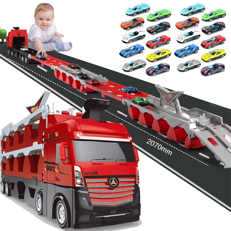 Foldable Large Car Transporter Truck with Racing Track for Kids - ToylandEU